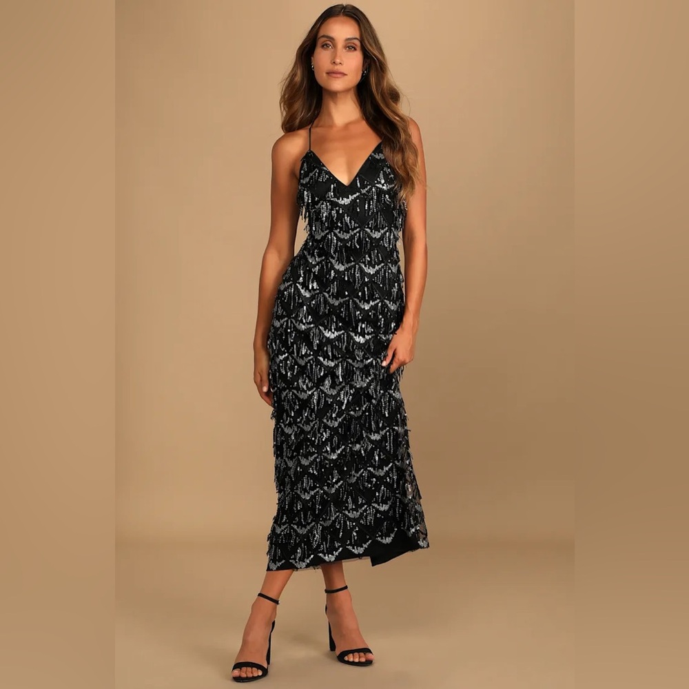 Lulu’s Black Sequin Fringe Maxi Dress size M